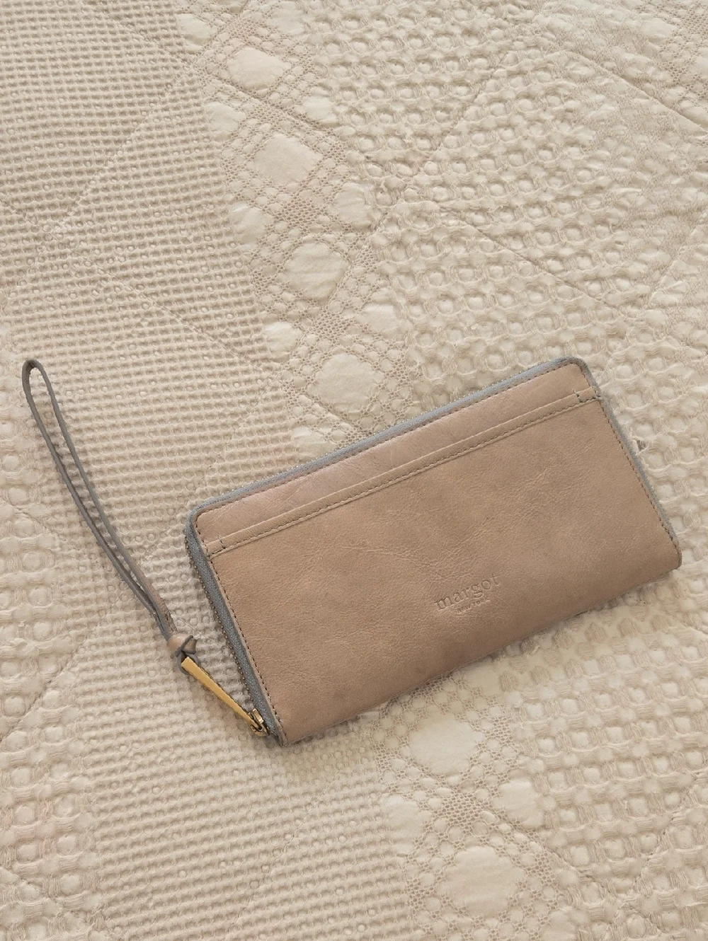 margot Taupe Leather Zip Wristlet Wallet with Blue Trim Normcore Anthropologie